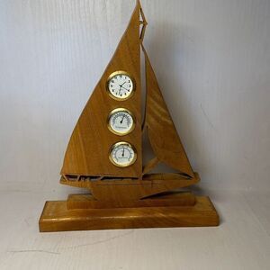 Wooden Cut Sailboat Ship Mantel Clock Temperature Hygrometer 11”